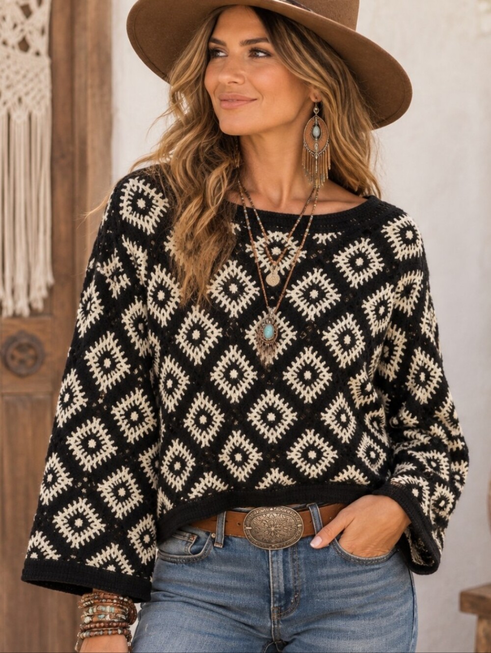 Flared Sleeve Crochet Diamond Sweater ELIE ELIE TAHARI